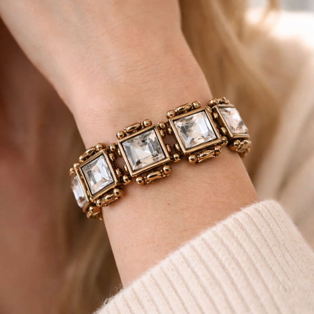 Vintage Gold Tone Square Crystal Link Bracelet Chunky Statement Y2K